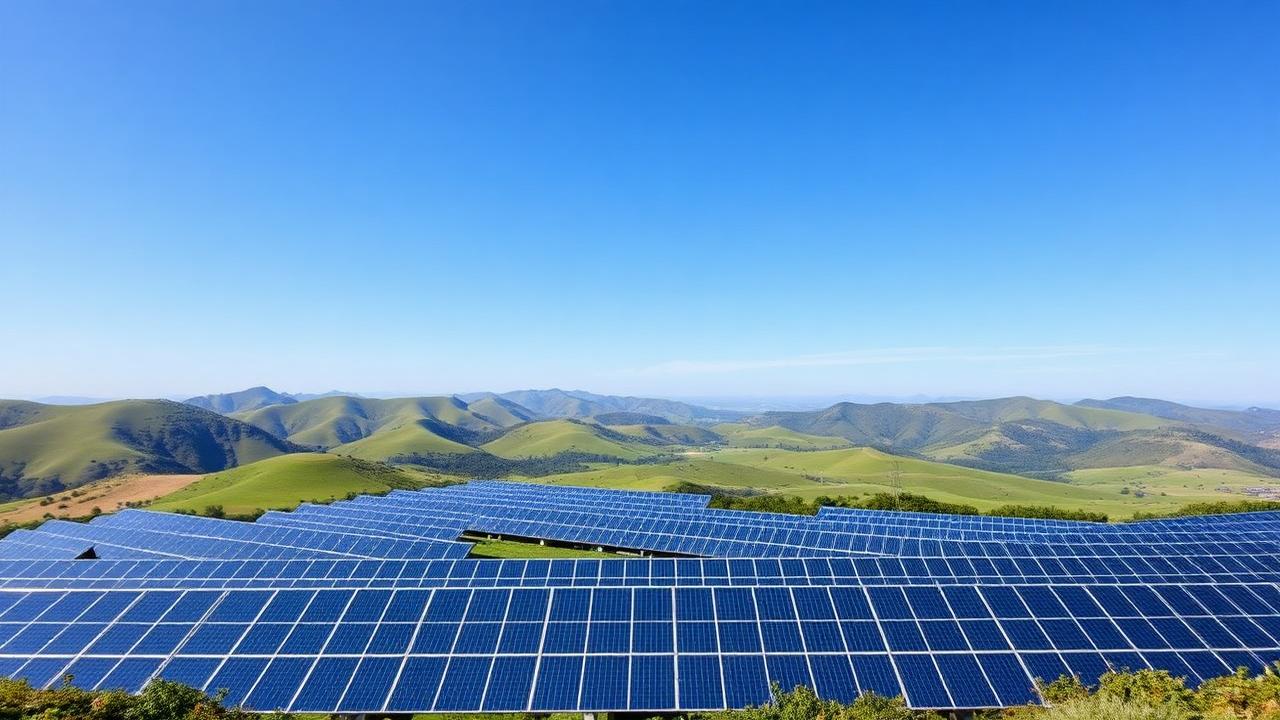 Usina solar Serra Verde com painéis fotovoltaicos entre colinas verdes em Goiás