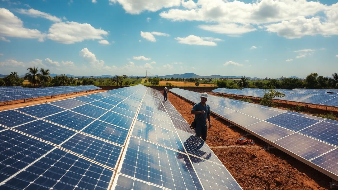Equipe instalando painéis fotovoltaicos na usina Horizonte Limpo, em Minas Gerais