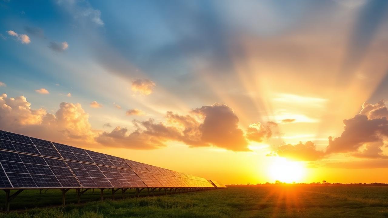 Fileiras de painéis solares da usina Cerrado Renovável ao nascer do sol no cerrado goiano
